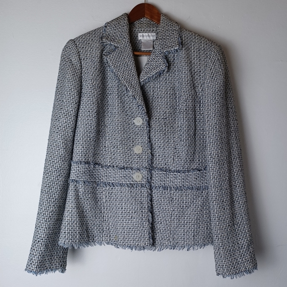 Worthington Blue and White Tweed Frayed Long Sleeve Blazer Women's Size S (6-8) - Picture 3 of 10